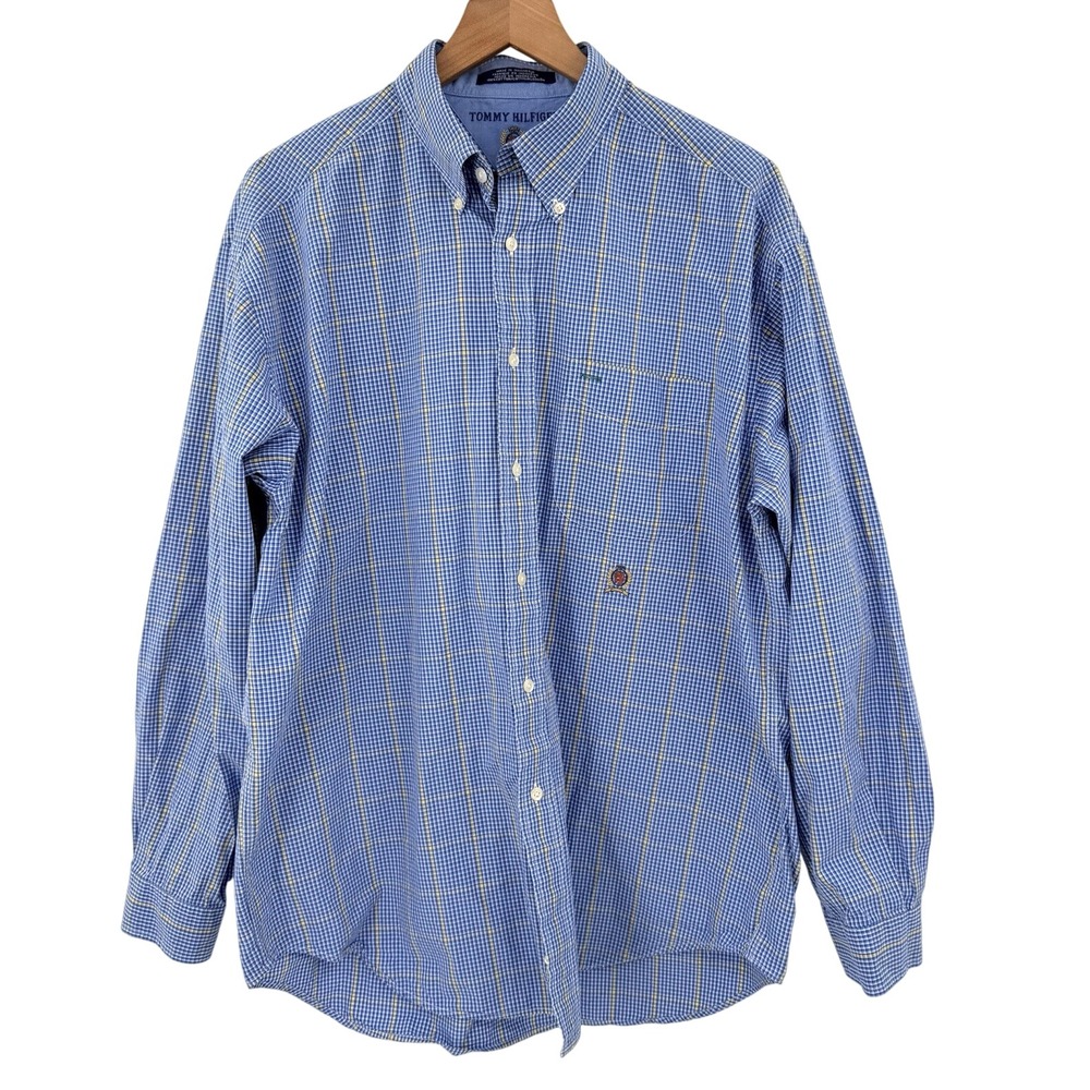 Tommy Hilfiger Shirt Mens XL (Tag L) Blue Check Cotton Long Sleeve Pocket 52x32